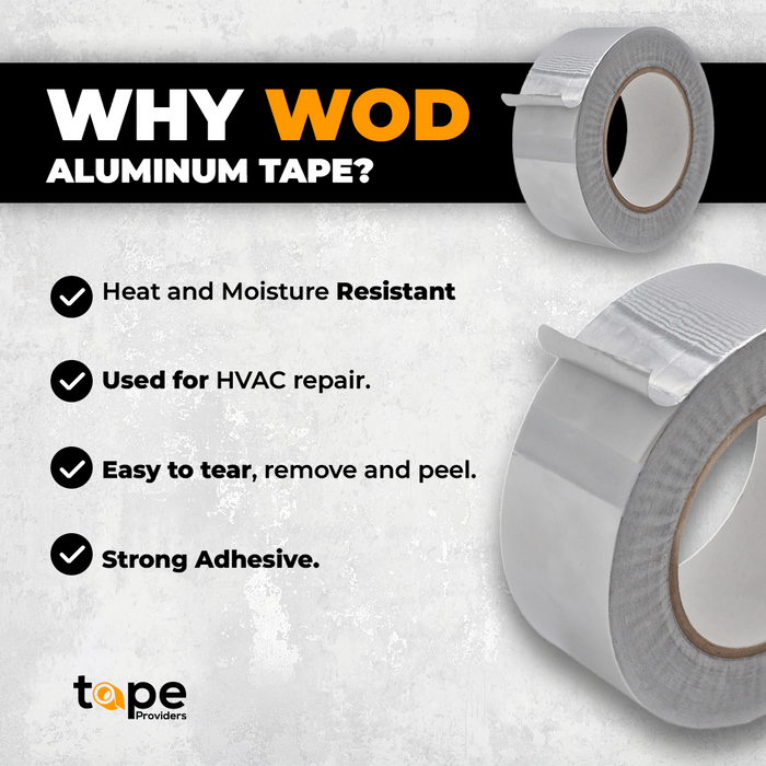 infographic about aluminum foil tape mentioning it is heat and moisture resistant, used for hvac, strong adhesive, easy to tear