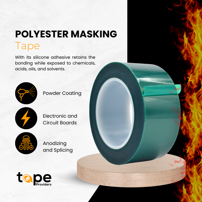 infographic about polyester tape mentioning it resists to high temperatures, great for powder coating, circuit boards, and anodizing and splicing