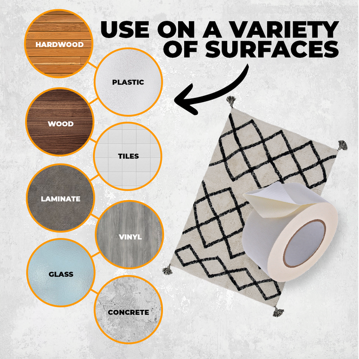 Double Sided Crepe Paper  Tape infographic mentioning it is ideal for use on various surfaces like wood, metal, tile, warehouse floors, plastic, vinyl, and concrete