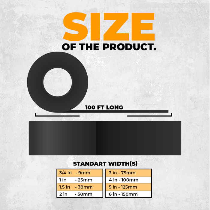 PVC wrapping tape specs infographic saying it is 100ft long, and lots of widths available