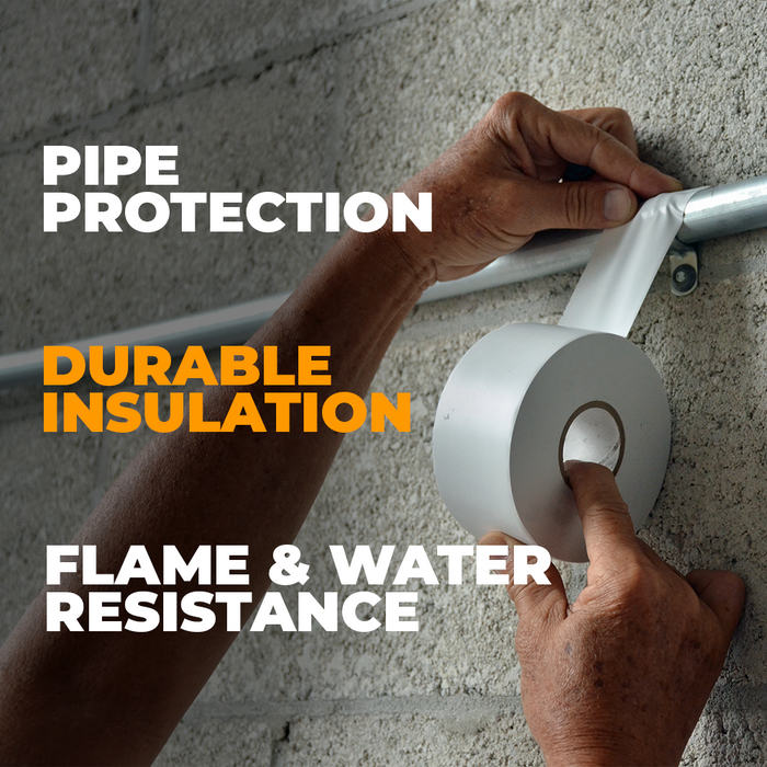 White PVC tape being installed on an outdoor leaky pipe, words on screen mention it is flame and water resistance, and durable insulation