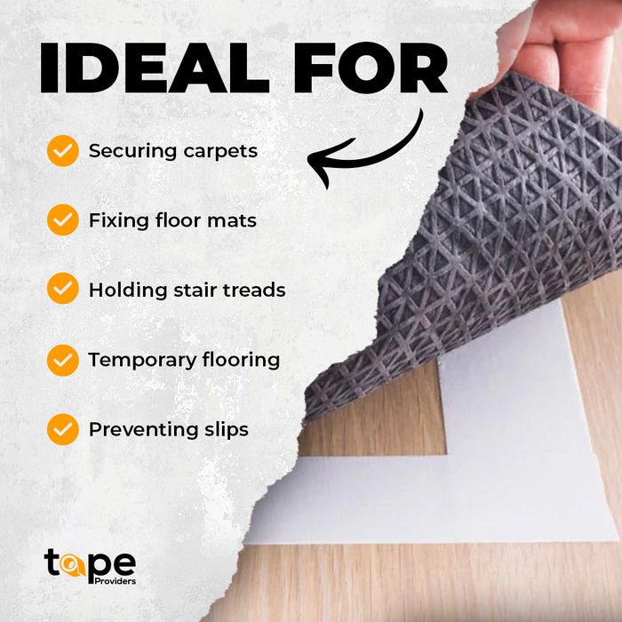 Double Sided Crepe Paper  Tape infographic mentioning it is ideal for securing carpets to floor, fixing floor mats, holding stair treads, temporary flooring, and preventing slippage