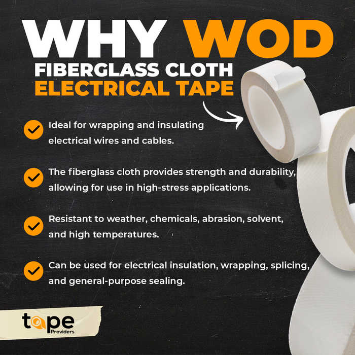 infographic about cloth electrical tape mentioning it is ideal for wrapping and insulation, weather resistant, wholesale available