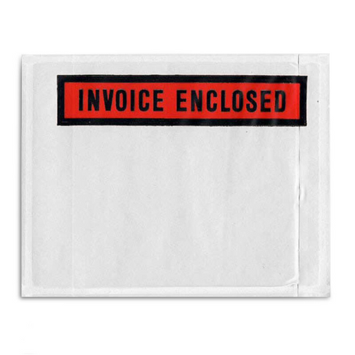 Picture of a white invoice bag with  "invoice Enclosed" printed on it in large black and red lettering on it Pressure Sensitive Self Adhesive for Invoice