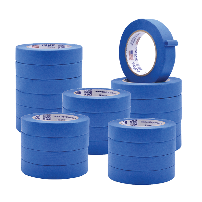 mulitple stacks of blue painters tape rolls