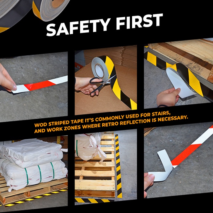 infographic about Black and yellow Striped Reflective Tape mentioning it aids safety on stairs, trucks, road signage and more