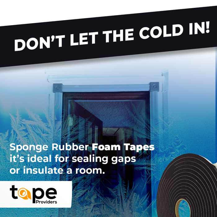 Double Sided Foam Tape Roll infographic detailing it isgreat to weatherproof and avoid the cold