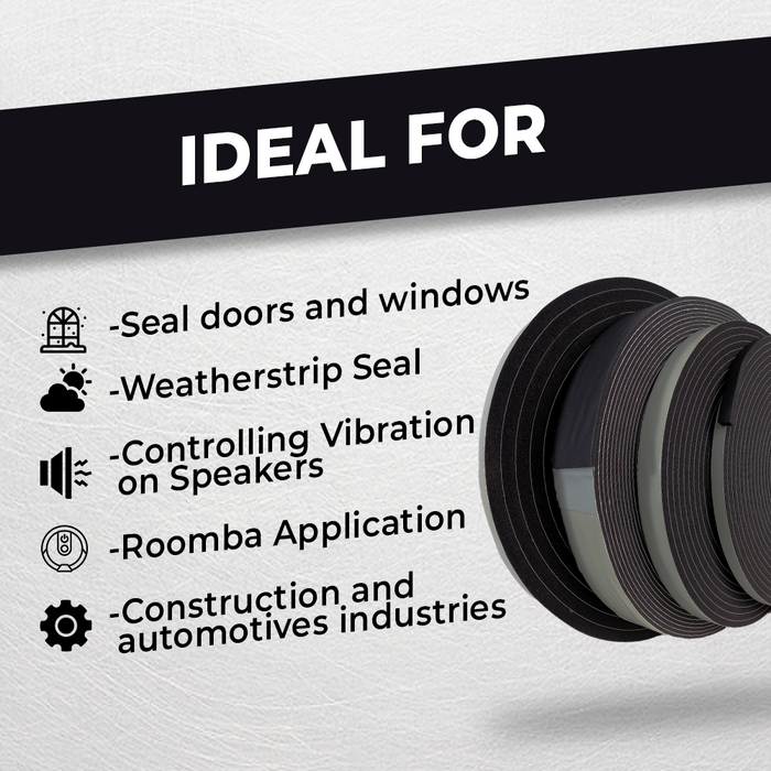 Double Sided Foam Tape Roll infographic detailing its ideal for sealing glass with airtight watertight protection