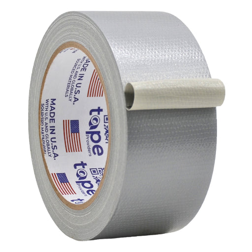 3 inch roll of gray weatherproof duct tape with a White Core with "www.tapeproviders.com" , a QR code and an american flag printed on it