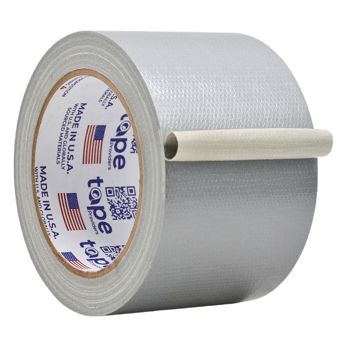 3 inch roll of gray weatherproof duct tape with a White Core with "www.tapeproviders.com" , a QR code and an american flag printed on it