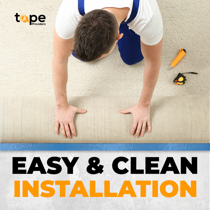 Double Sided Carpet Tape infographic detailing ease of use and clean application