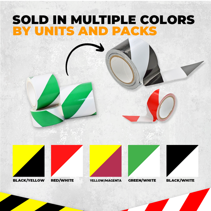 infographic of hazard tape showing different color availability, black and white red and white black and yellow or white and green