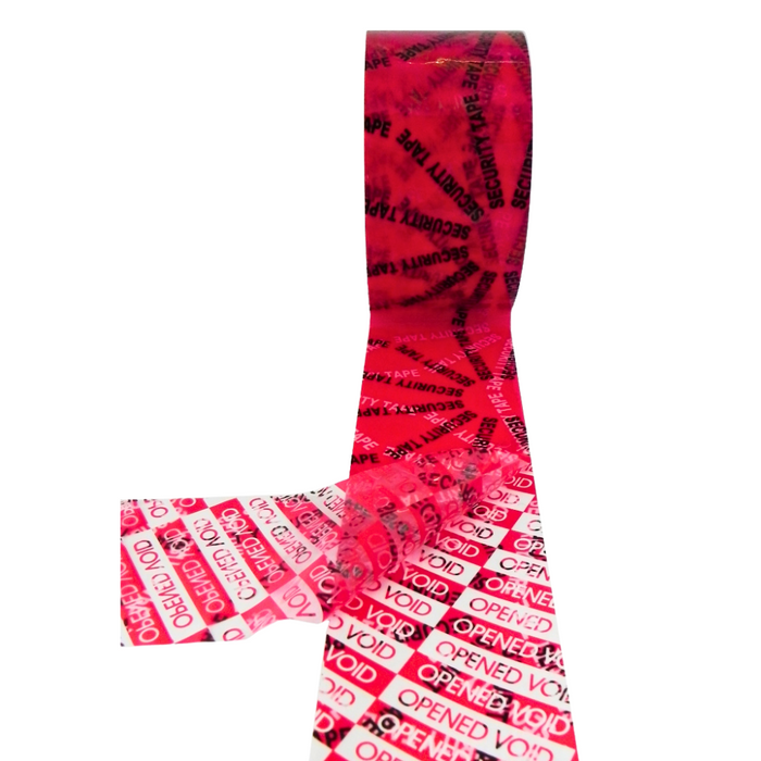 red and white colored security  Roll of tape with warning words "OPENED VOID" printed on it in all caps