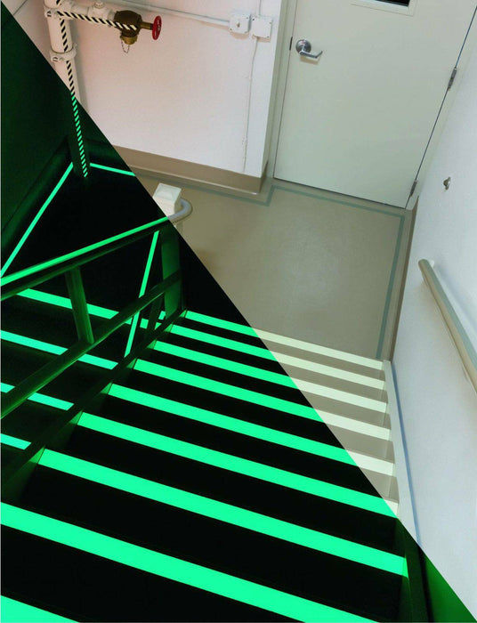 infographic about antislip grip tape showing its glow in the dark property when applied to stairs