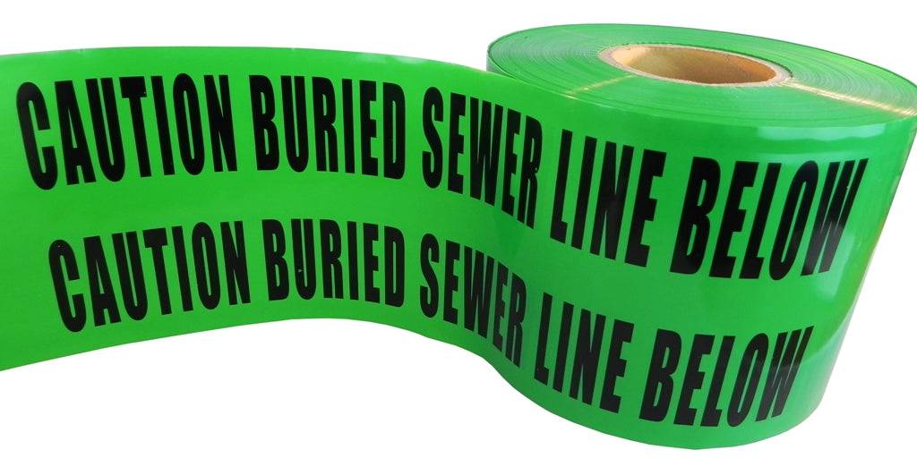 Roll of Green non adhesive film barrier warning tape with the writing "Caution Buried Sewer Line Below"