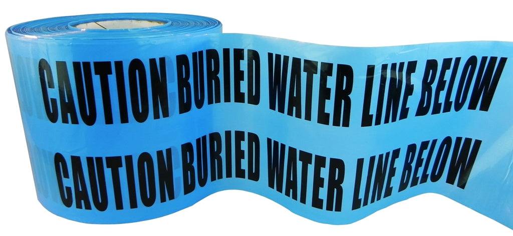 Roll of blue non adhesive film barrier warning tape with the writing "Caution Buried Water Line Below Barricade" on it