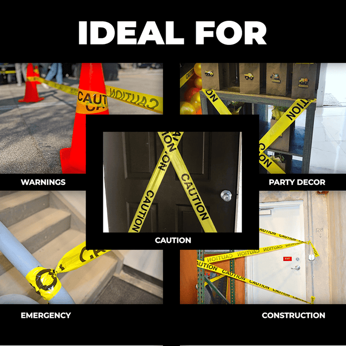 infographic of Colored Barricade Tape for emergencies, construction sites, warnings, and yard work