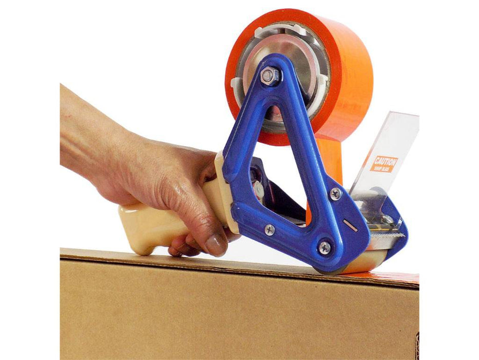 Colored Carton Sealing Packaging Tape with Acrylic Adhesive - orange - used with hand held dispenser on a shipping box