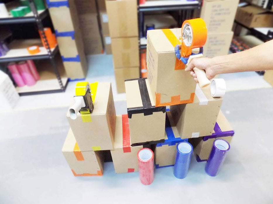 multiple boxes sealed with different color carton sealing tape