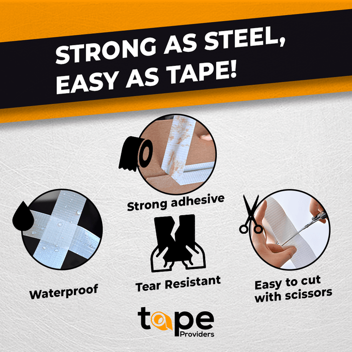 Filament Strapping Tape infographic detailing its properties like fiberglass reinforced, and heavy adhesion