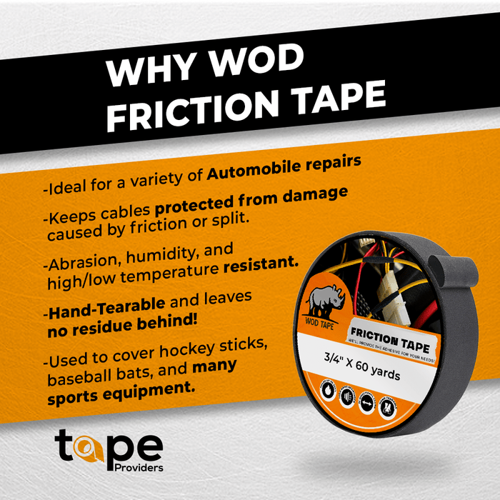 wire harness tape infographic detailikng use for automotive industries, friction protection, abrasion resistant, hand tearable, used for hockey sticks, bats, and other sports equipment