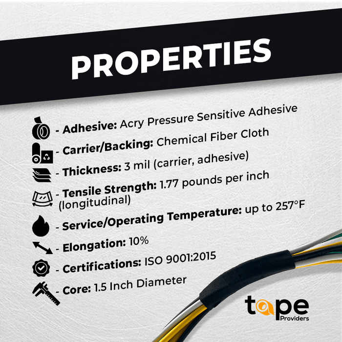 cable harness tape infographic showing it is adhesive, chemical fiber cloth tape,