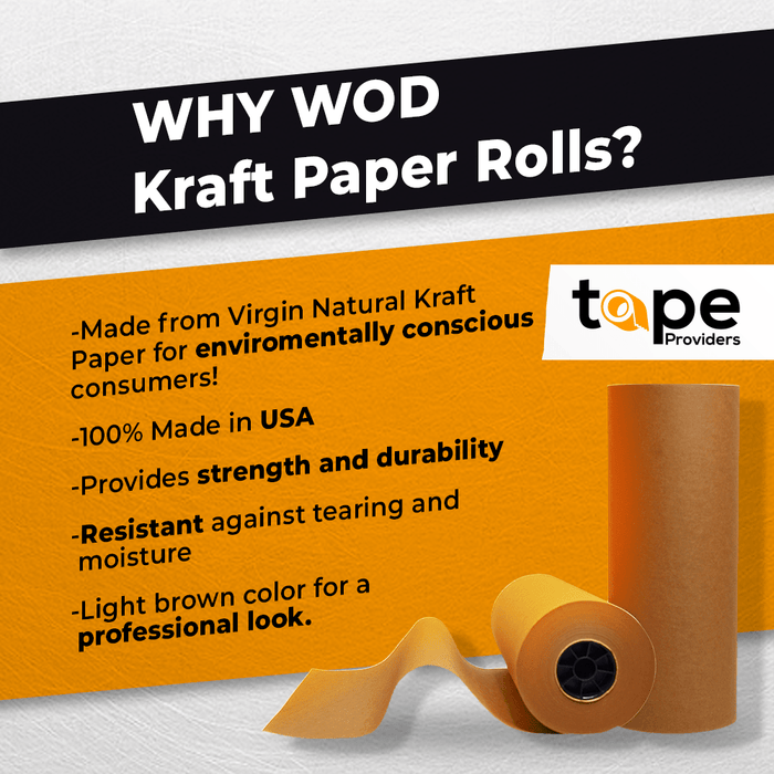 infographic  of natural kraft paper showing it is made in the USA, strong and durable, resistant and light brown color