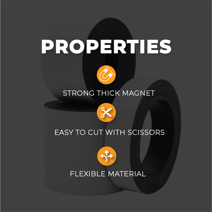 infographic about magnetic tape demonstrating its multiple uses and properties like flexibility, strong magnetic hold, and ease of cutting,