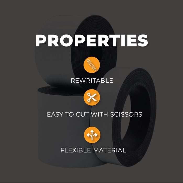 magnet to magnet tape infographic detailing its properties such as rewritable easy to cut with scissors and flexible material