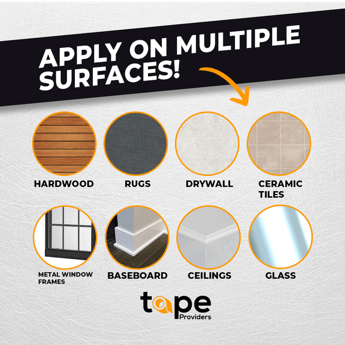 infographic of green painters tape highlighting it can be used on hardwood rugs walls and more