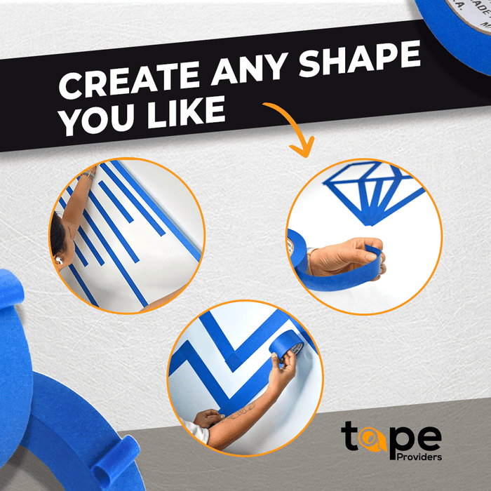 infographic of blue painters tape showing it can be used to make shapes on walls for painting