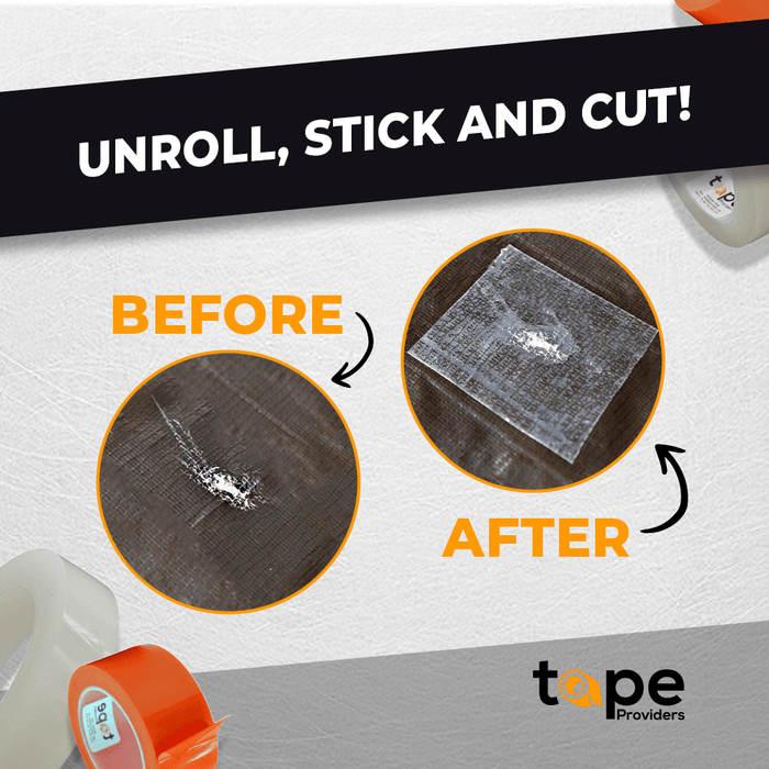 Infographic about Greenhouse repair tape showing its ease of use in repairing a broken tent