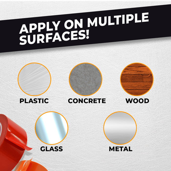 Infographic about Greenhouse repair tape mentioning  it can be applied on most surfaces including: plastic, concrete, wood, glass, and metal