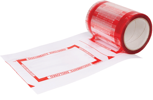 Red and White roll of sealable warning bags saying "documents enclosed"  - Self Adhesive Pouch Tape for Invoices or Packing List Enclosed Bags