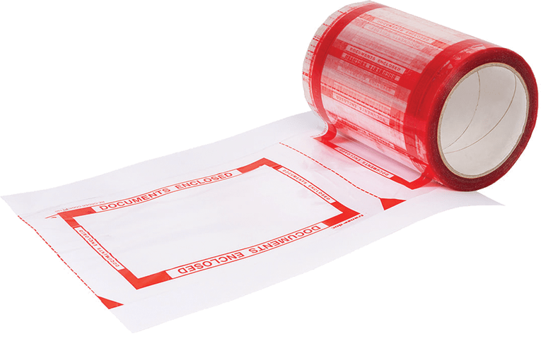 Red and White roll of sealable warning bags saying "documents enclosed" - Self Adhesive Pouch Tape for Invoices or Packing List Enclosed Bags