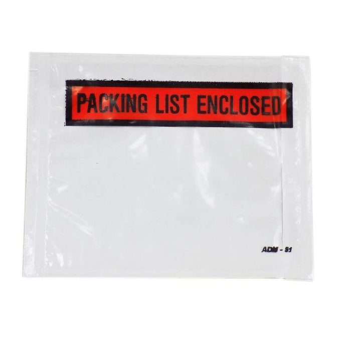 Envelope saying "Packing List Enclosed" in bright red and black letters with Pressure Sensitive Self Adhesive Invoice Bags