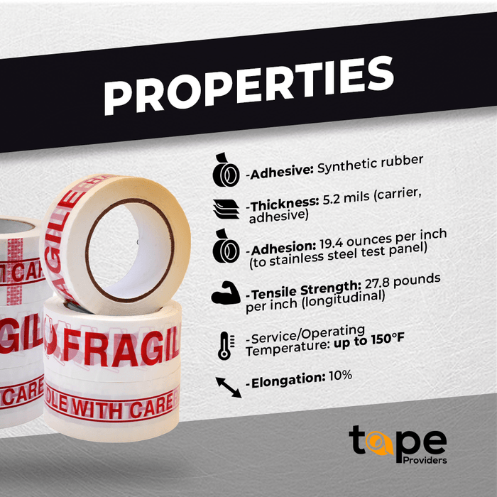 Fragile Handle with Care Carton Sealing Tape infographic mentioning its properties like adhesive, and strength