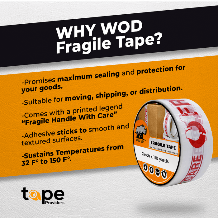 Fragile Handle with Care Carton Sealing Tape infographic mentioning it provides maximum sealing and protection for your package, highly adhesive