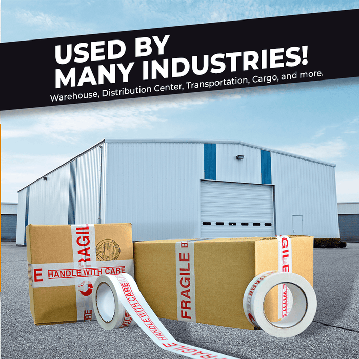 Fragile Handle with Care Carton Sealing Tape infographic mentioning it is used by many industries