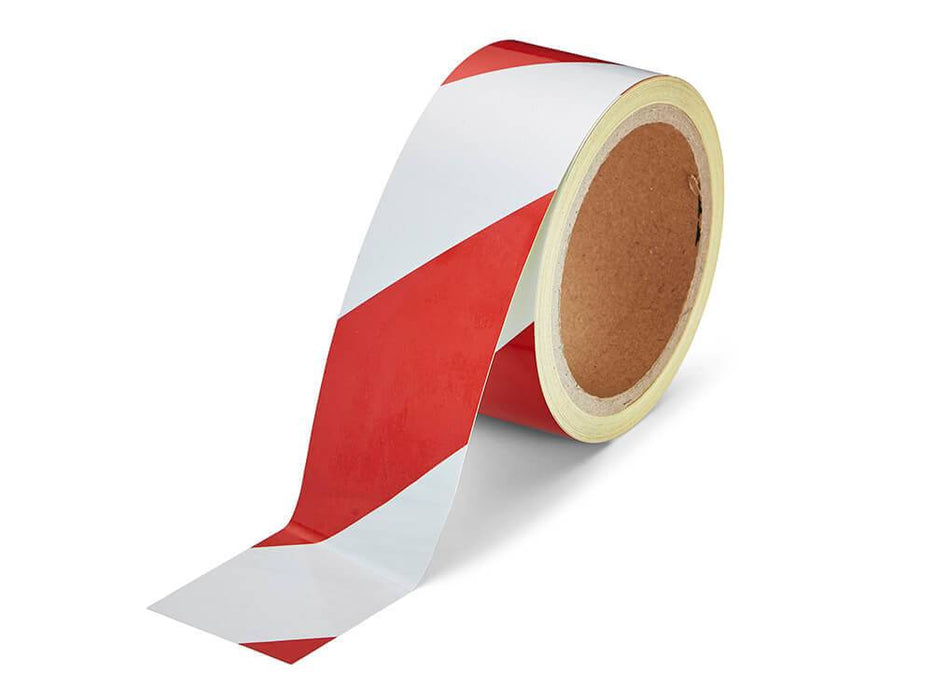 close up of a roll of white and red Striped Retro Reflective Tape for Safety Signage - 1 inch