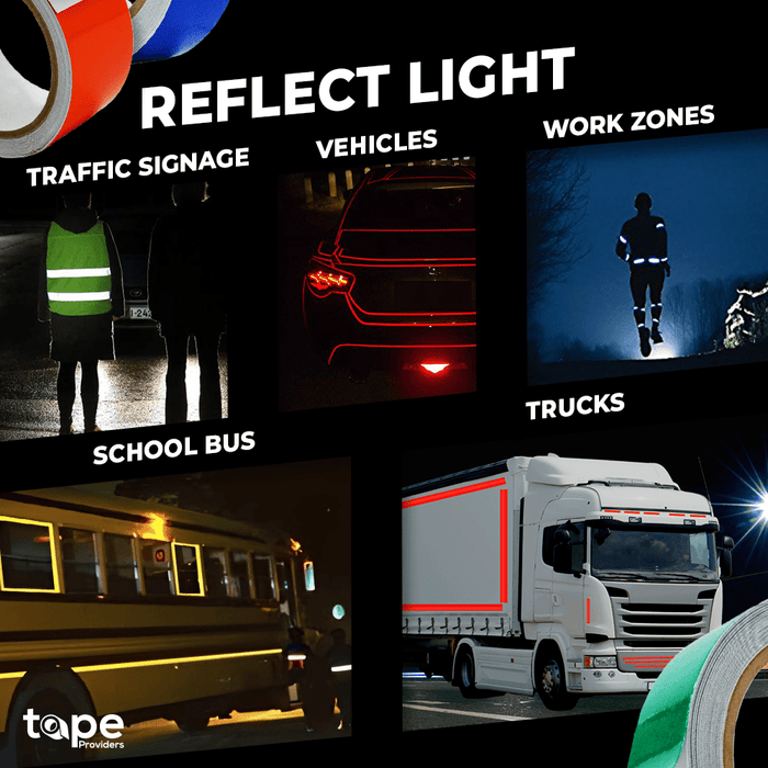 infographic about reflective tape mentinoing can be used to customize motorcycle helmets, cars, school bus, trucks and more