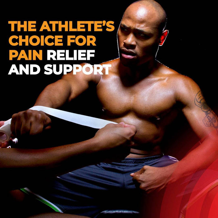infographic showing a man using the tape while lifting in the gym with the text " the athlete's choice for pain relief and support