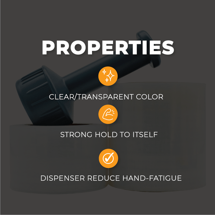 infographic aboutstretch film mentiong it properties: clear/transprarent, strong hold to itself, dispenser reduce hand-fatigue