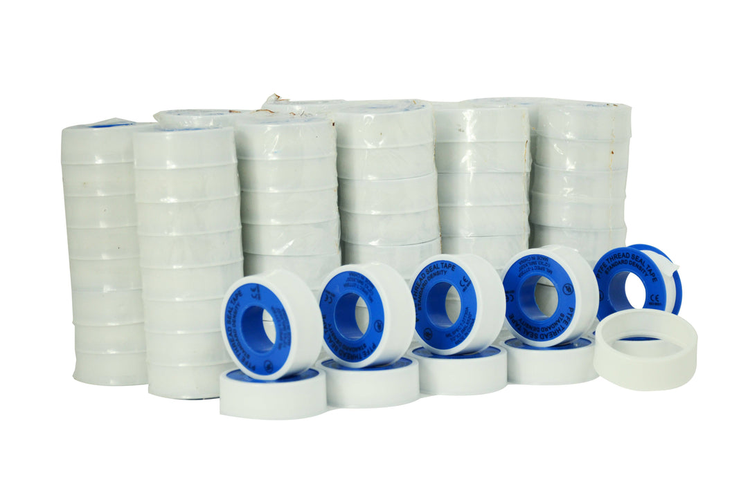 Mulitple stacked rolls of white PTFE Pipe Thread Seal Tape shrink wrapped for sale in bulk
