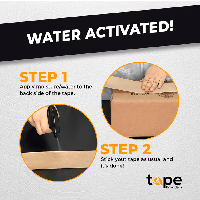 infographic of Kraft Paper Tape mentioning it is water activated and includes some brief instruction for installation