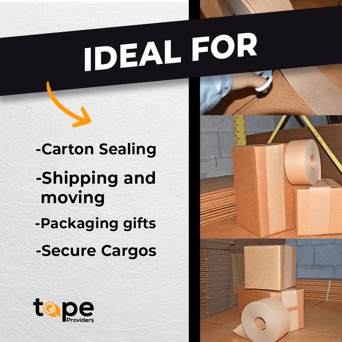 infographic of Kraft Paper Tape mentioning it is great for carton sealing, shipping nd moving, packaging gifts, and secure cargos