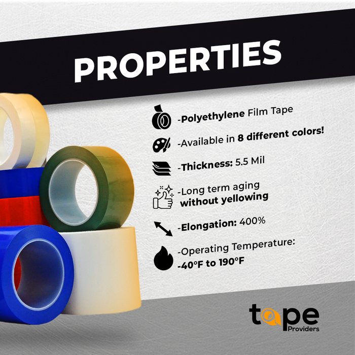 Infographic about Greenhouse repair tape highlighting its properties like 5.5 mm thickeness,