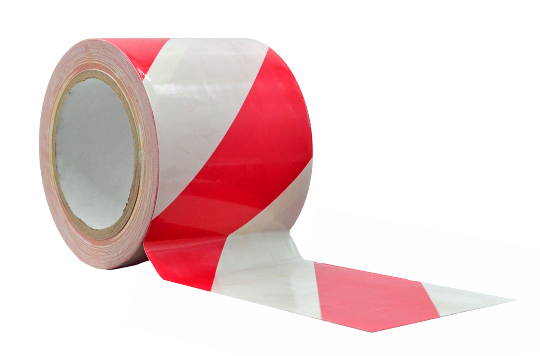 6 inch roll of white and red hazard warning tape