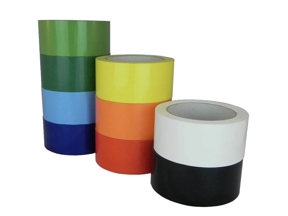 Close up of multiple different colored rolls Poly Bag Tape UPVC