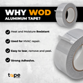 infographic about aluminum foil tape mentioning it is heat and moisture resistant, used for hvac, strong adhesive, easy to tear